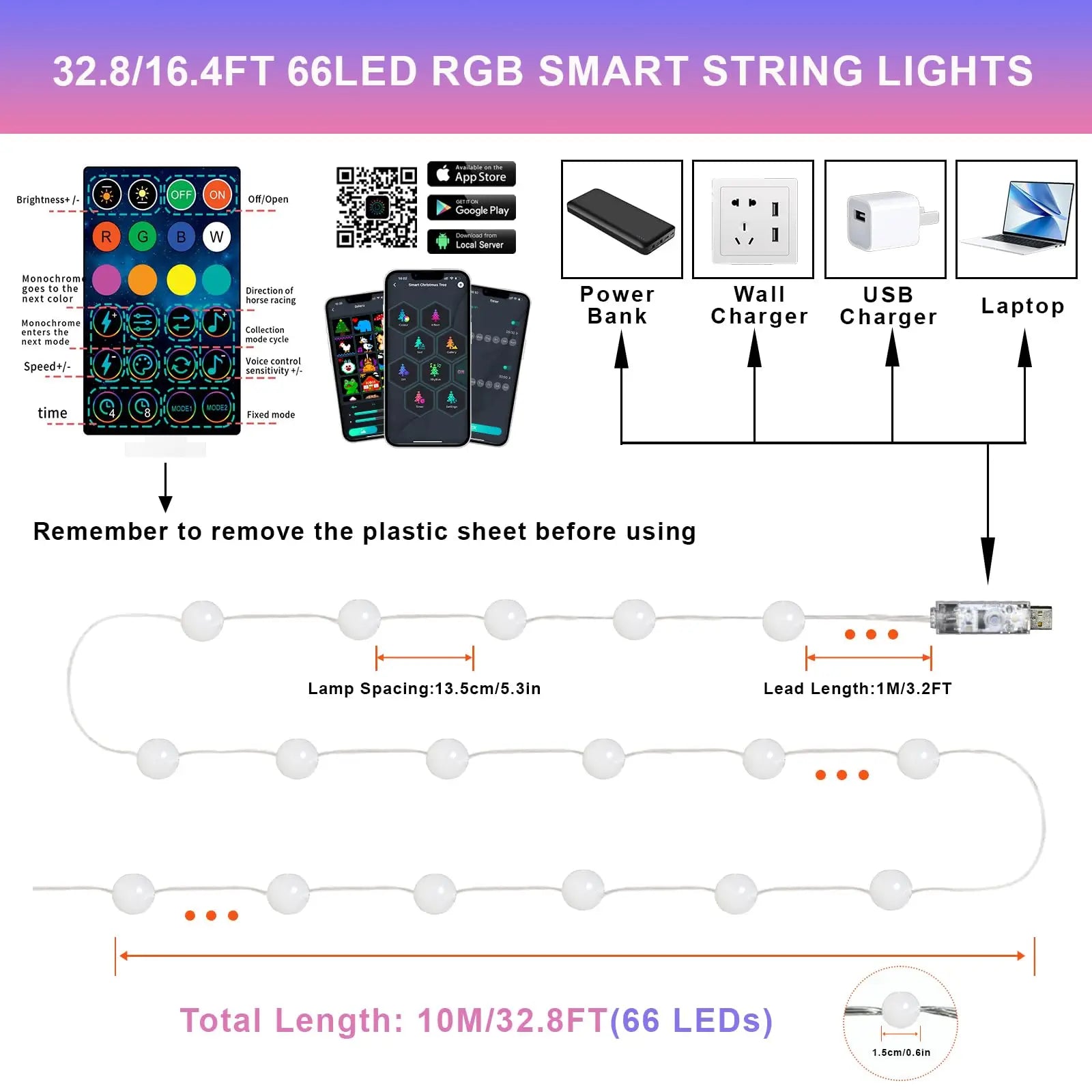 RGB LED 仙女灯球串智能可寻址 USB 花环带蓝牙遥控器适用于户外圣诞节房间装饰