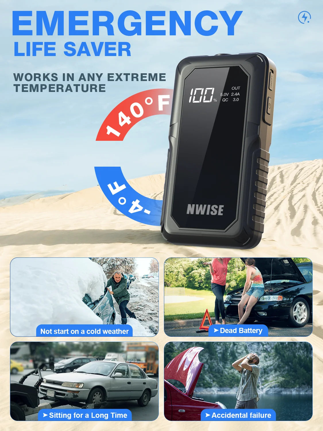 NWISE 2000A Car Power Bank Jump Starter Portable Emergency Starter Auto Car Battery Charger Booster 12V Starting Device