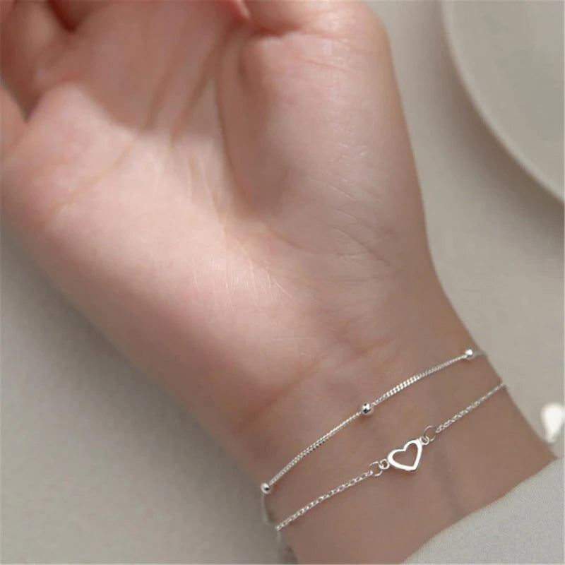 Round Bead Hollow Love Bracelet Heart Hand Decorated Double Design Sweet 925 Silver Plated Chain Bracelet for Women Girls Gifts