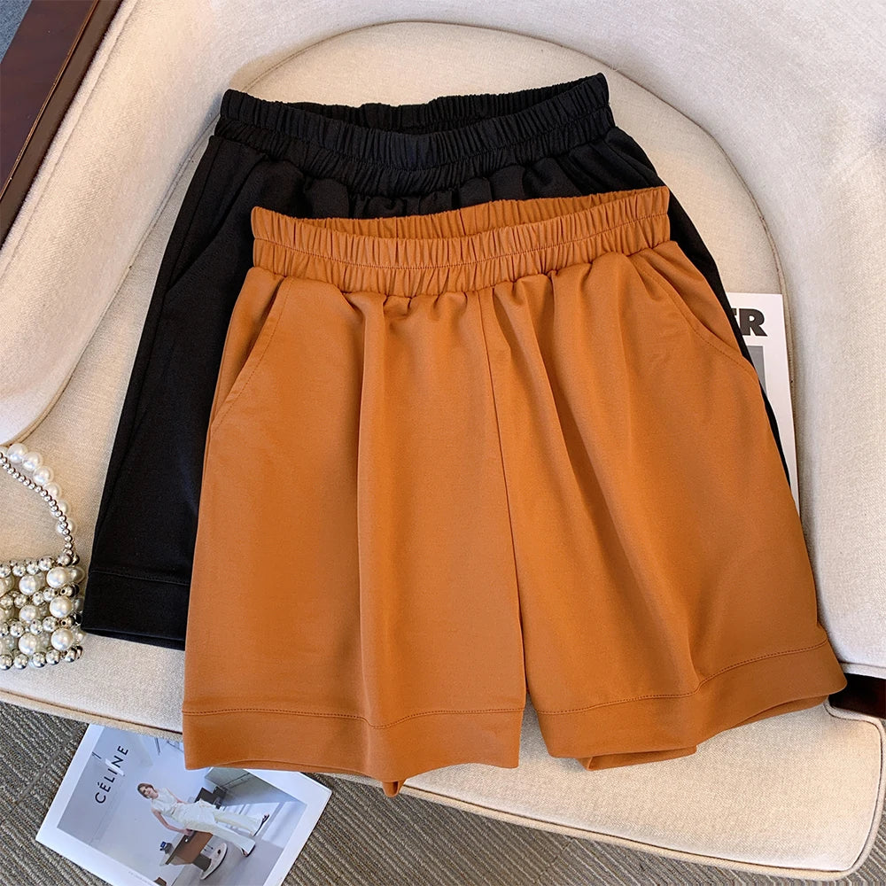 Plus-size women's summer casual commuting loose comfortable shorts Black khaki elastic waist with pockets minimalist style pants