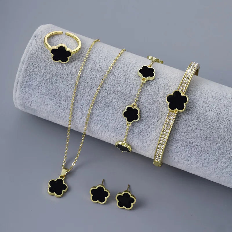 Bulbusbow 5pcs Luxury Plum Blossom Jewelry Set featuring earrings, rings, bracelet, necklace, and bangles