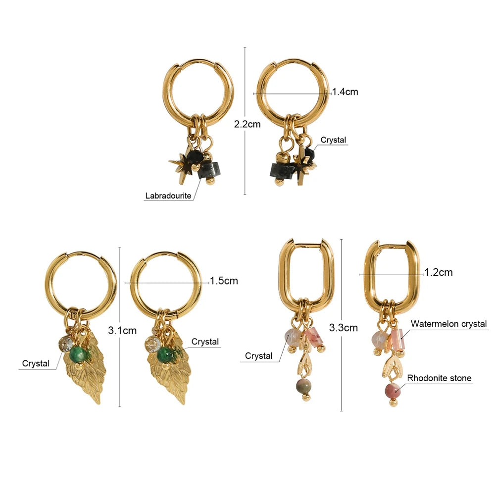 YACHAN 18K Gold Plated Stainless Steel Hoop Earrings for Women Vintage Green Natural Stone Charms Trendy Waterproof Jewelry