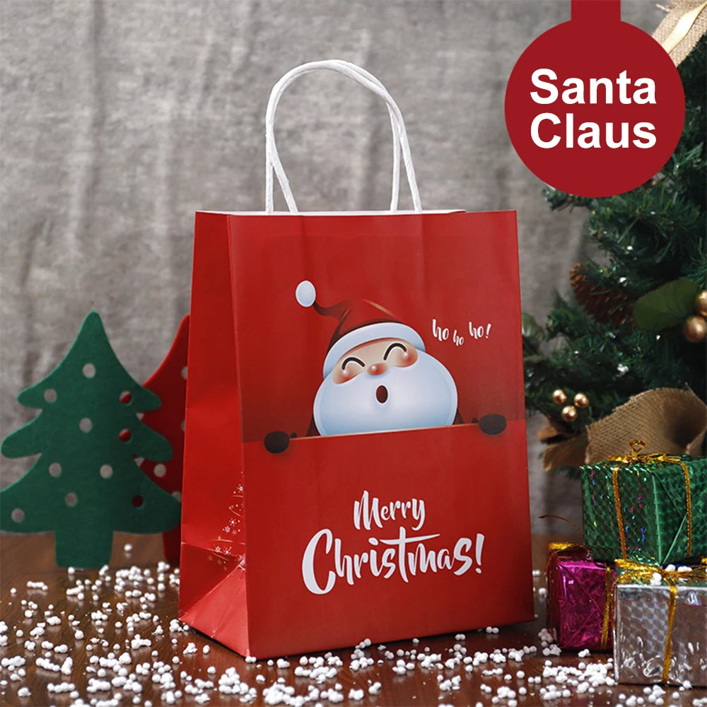 Christmas Kraft Paper Bags 2024 New Year Cute Santa Claus Gift Box Holiday Party Children Candy Cookie Packaging Bag with Handle