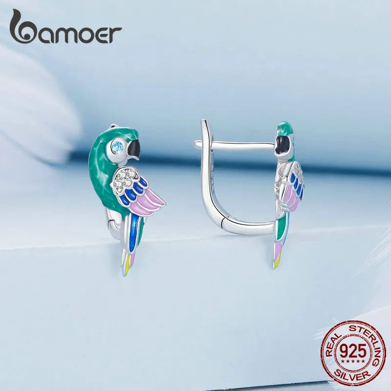 Bamoer 925 Sterling Silver Hummingbird Ear Buckles Bird Insect Hoop Earring Natural for Women Party Birthday Gift Fine Jewelry