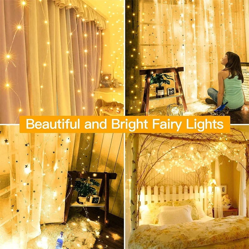 Christmas Lights LED Fairy String Curtain Lights 8 Mode Remote USB Festoon Christmas Decor For Home Holiday New Year Lamp