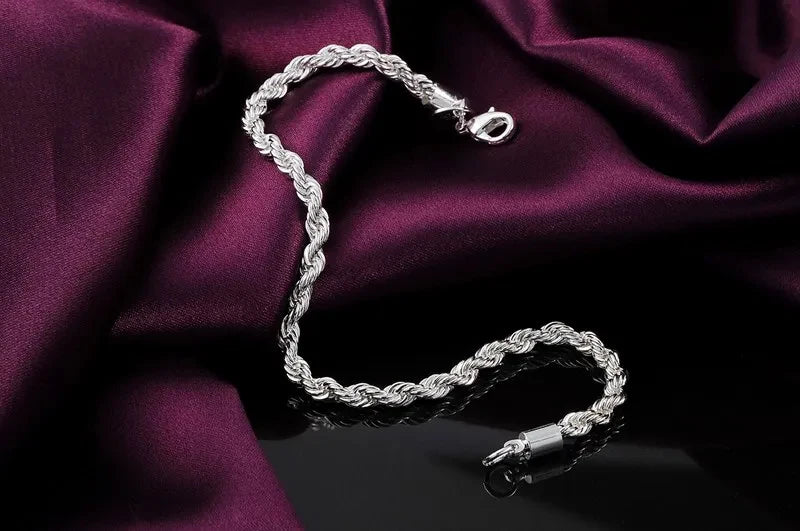 Fashion charm 925 Sterling Silver Bracelet for man woman 4MM Twisted rope chain fine jewelry Wedding party Christmas gift