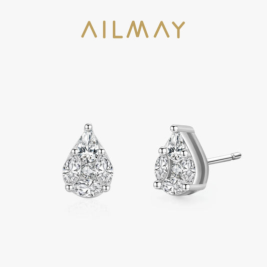 Ailmay New Sale Clear Zircon Water Drop Shape Top Quality Real 925 Sterling Silver Stud Earrings For Fine Female Fashion Jewelry