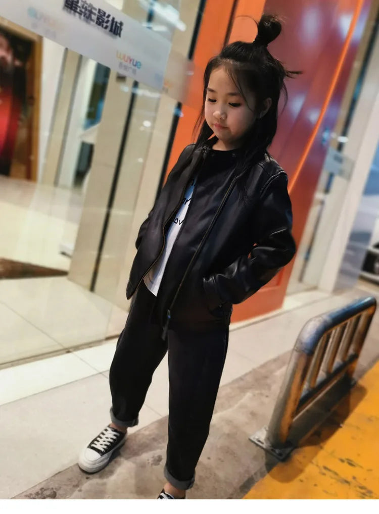 2024 Autumn Children Girl PU Leather Motorcycle Jacket 1-10 Years Kid Little Girl Outerwear Coat Infant Baby Girl Catwalk Outfit