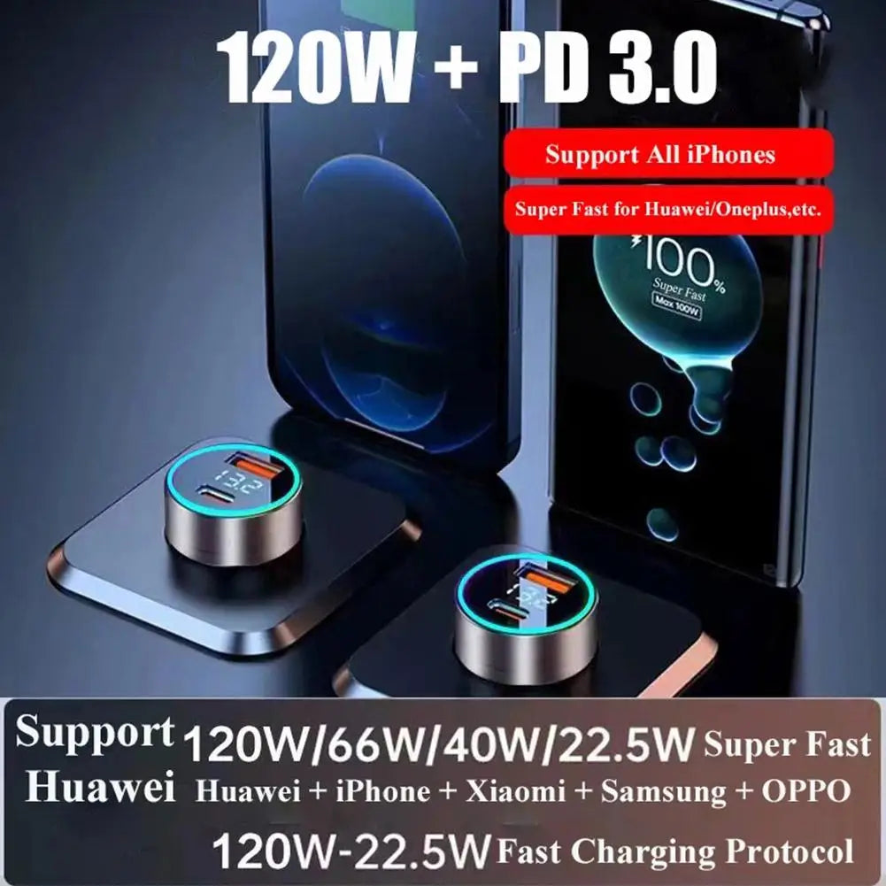 PD 20W 车载充电器超级快速充电适配器 C 型 USB 120W 便携式适用于 iPhone 14 Pro Max 13 12 11 iPad Airpods OnePlus