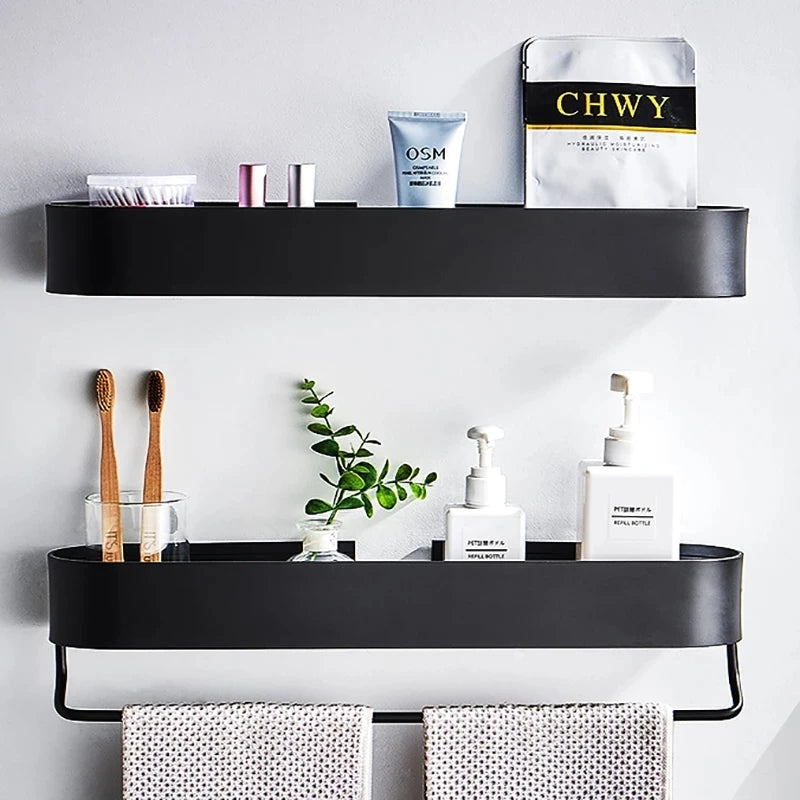 Nordic Bathroom Shelf Rack No Drill Wall Mounted Shelves Bath Towel Holder Black Shower Storage Basket Bathroom Accessories