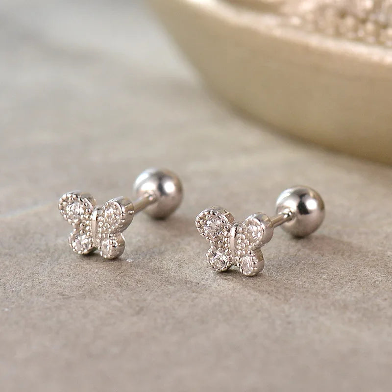 Trendy Silver Screw Back Helix Stud Earrings with Sparkling Cubic Zirconia by Bulbusbow