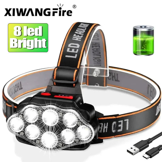 8LED Powerful Rechargeable Head Flashlight for Fishing Led Headlamp Camping Headlights Hunting Torch Hiking Front Lanterns