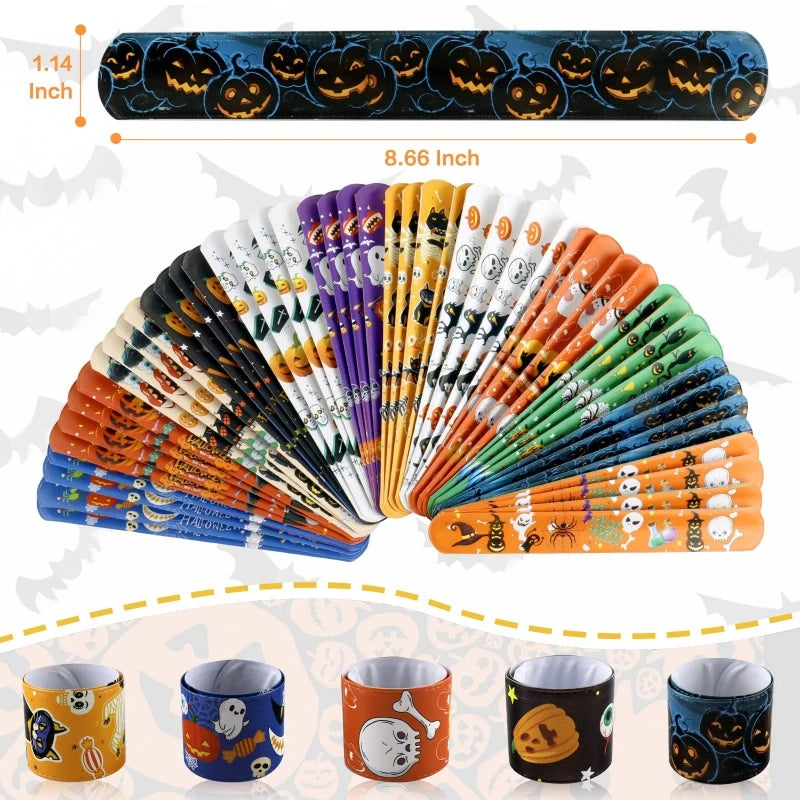 48pcs Halloween Clap Circle Pumpkin Witch Bat Slap Bracelets Ghost Festival Decor Happy Helloween Party Supplies Trick Or Treat