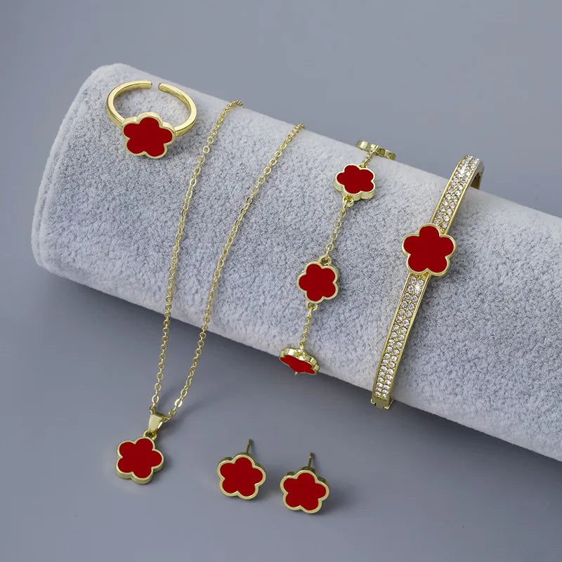 Bulbusbow 5pcs Luxury Plum Blossom Jewelry Set featuring earrings, rings, bracelet, necklace, and bangles