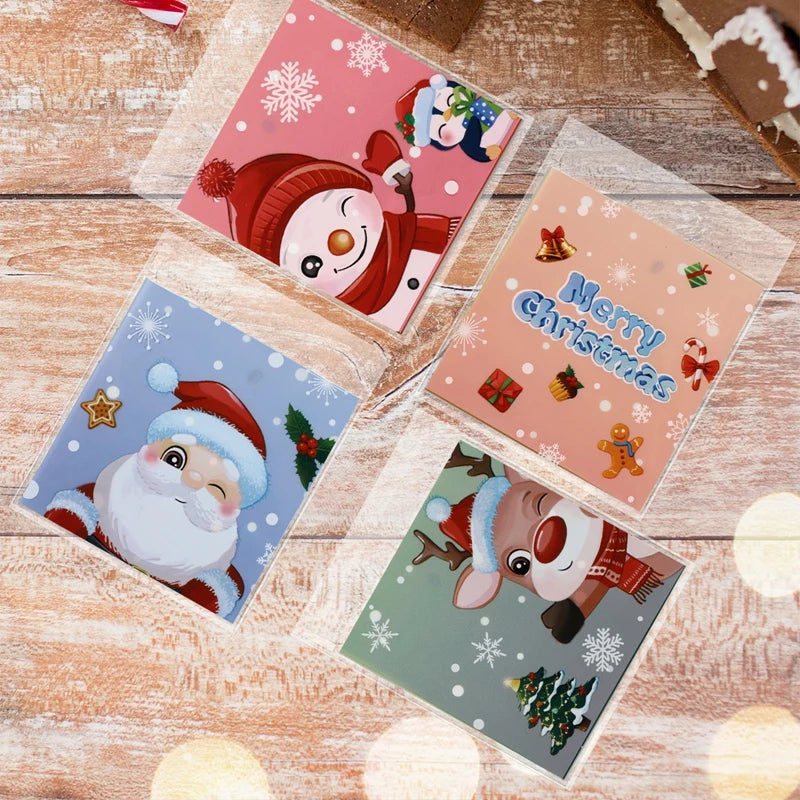 100pcs Christmas Candy Cookie Bags Self-Adhesive Gift Packaging Biscuit Snack Baking Bag Navidad Xmas Supplies New Year Party