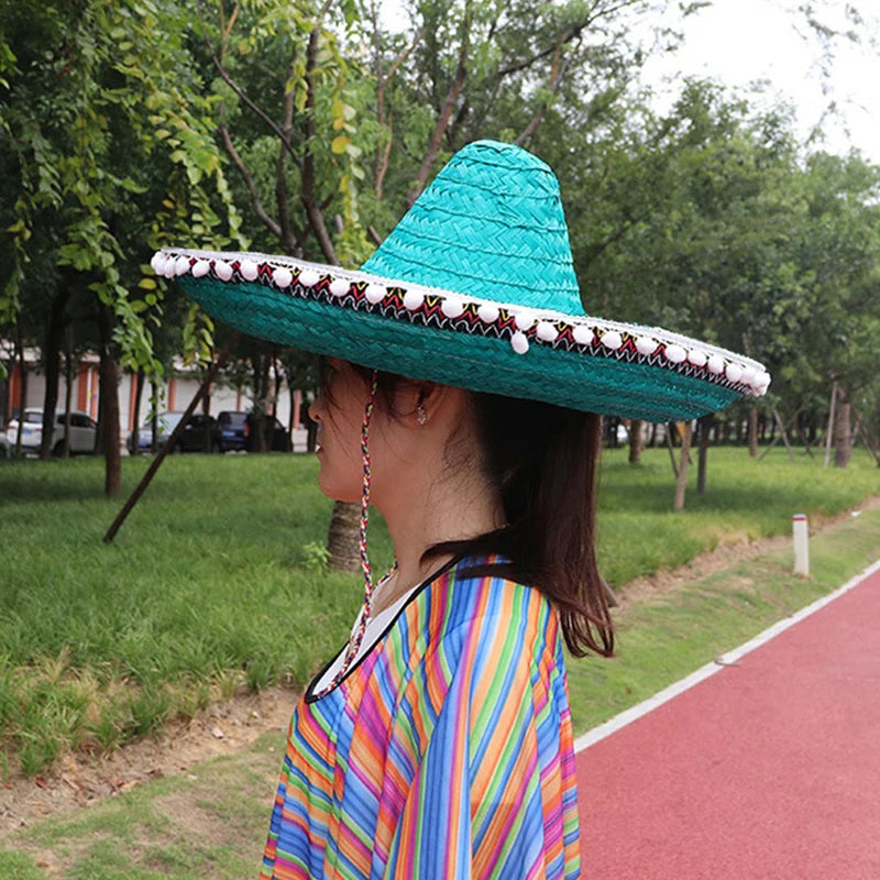 Mexican Pompom Straw Hat Shawl Hawaiian Style Halloween Cosplay Wedding Costume Party Carnival Holiday Decorations