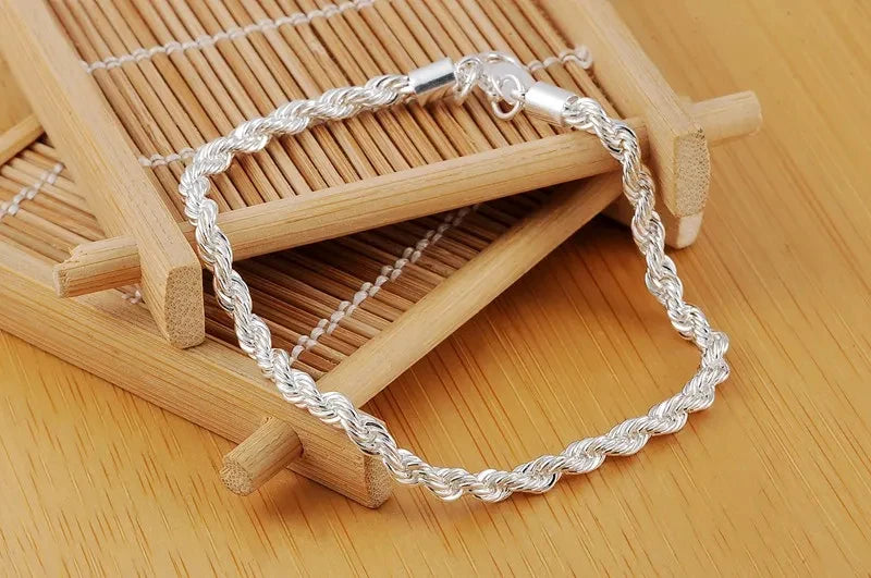 Fashion charm 925 Sterling Silver Bracelet for man woman 4MM Twisted rope chain fine jewelry Wedding party Christmas gift