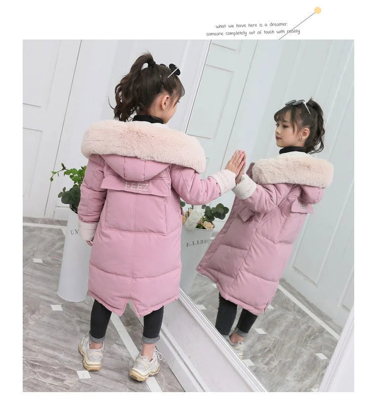 New Girls clothing Winter Warm down Cotton Jackets Children parka faux Fur Collar Coat Girl Thicken overalls Hooded kids Clothes