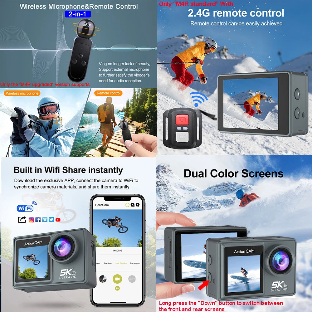 5K 4K60FPS Action Camera Dual IPS Touch LCD DVR EIS 170° 30M Waterproof 5X Zoom Sport Camera With Wireless Mic & Remote Control