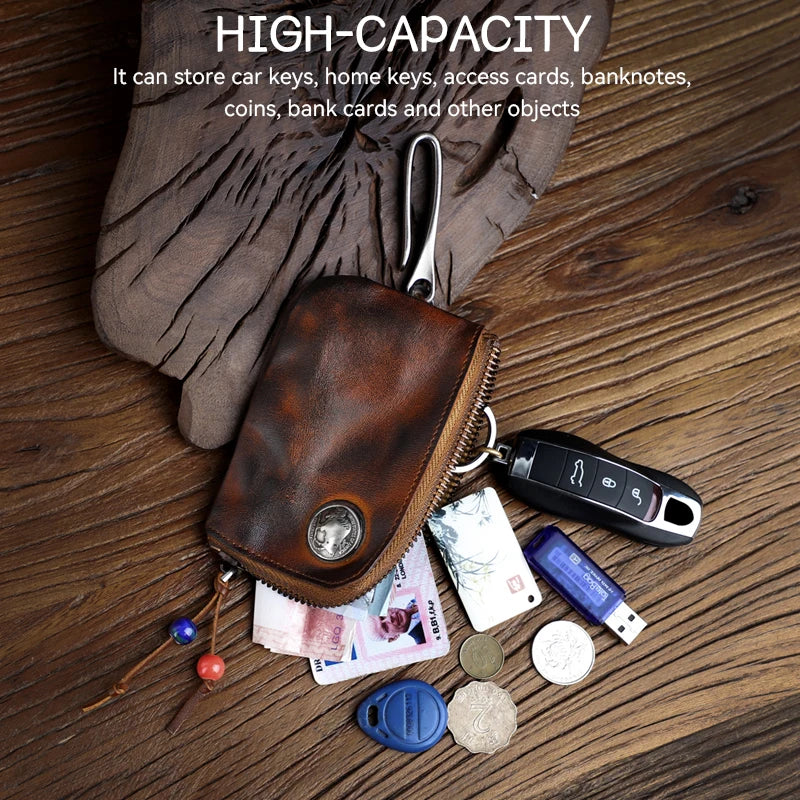 Vintage Cow Leather Coin Purse for Men Handmade Genuine Leather Change Pouch Key Holder Card Slot Storage Bag with Zipper