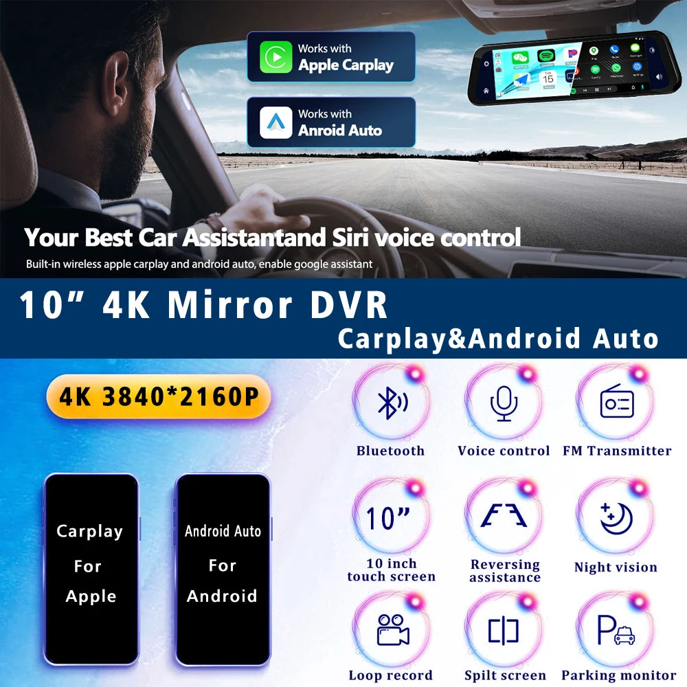 10 英寸行车记录仪 4K 3840*2160P 车载 DVR Carplay Android Auto GPS 5G WIFI AUX Stream 后视镜行车记录仪摄像头行车记录仪 FM