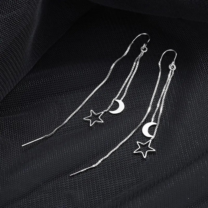 925 Sterling Silver Star Moon Earrings Women's Tassels Simple Long Cut Out Temperament Earrings Fashion Jewelry Accessories