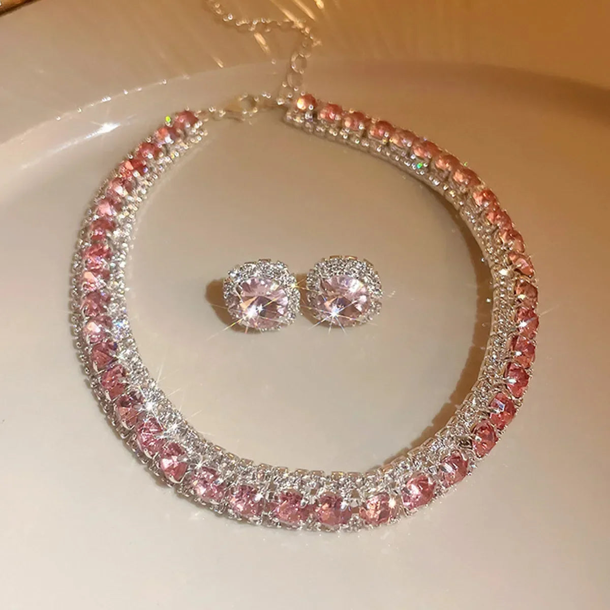 Luxury Crystal Necklace Earrings Set Pink ABcolourful Necklace for Women Weddings Party Jewelry Sets Accessories