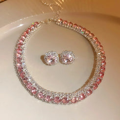 Bulbusbow Luxury Crystal Necklace and Earrings Set in Pink AB Colour for Women