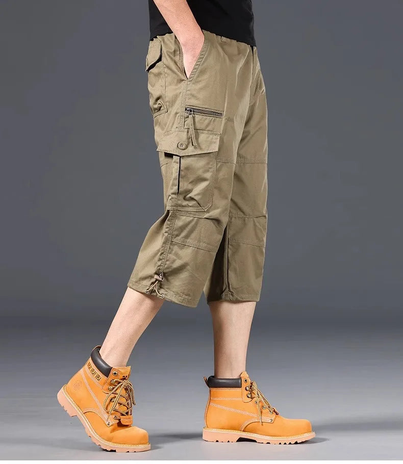 Summer Men's Cargo Shorts Loose Casual Below Knee Pants Elastic Waist Plus Size Outdoor Jogging Tactical Capri Pants