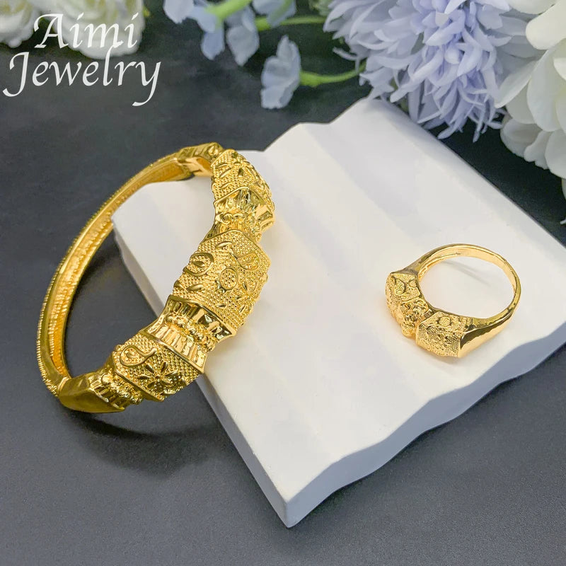 Luxury Copper Bracelet Ring Sets Dubai 18K Gold Plated Jewelry Set for Women African Bridal Wedding Party Accessories Gifts