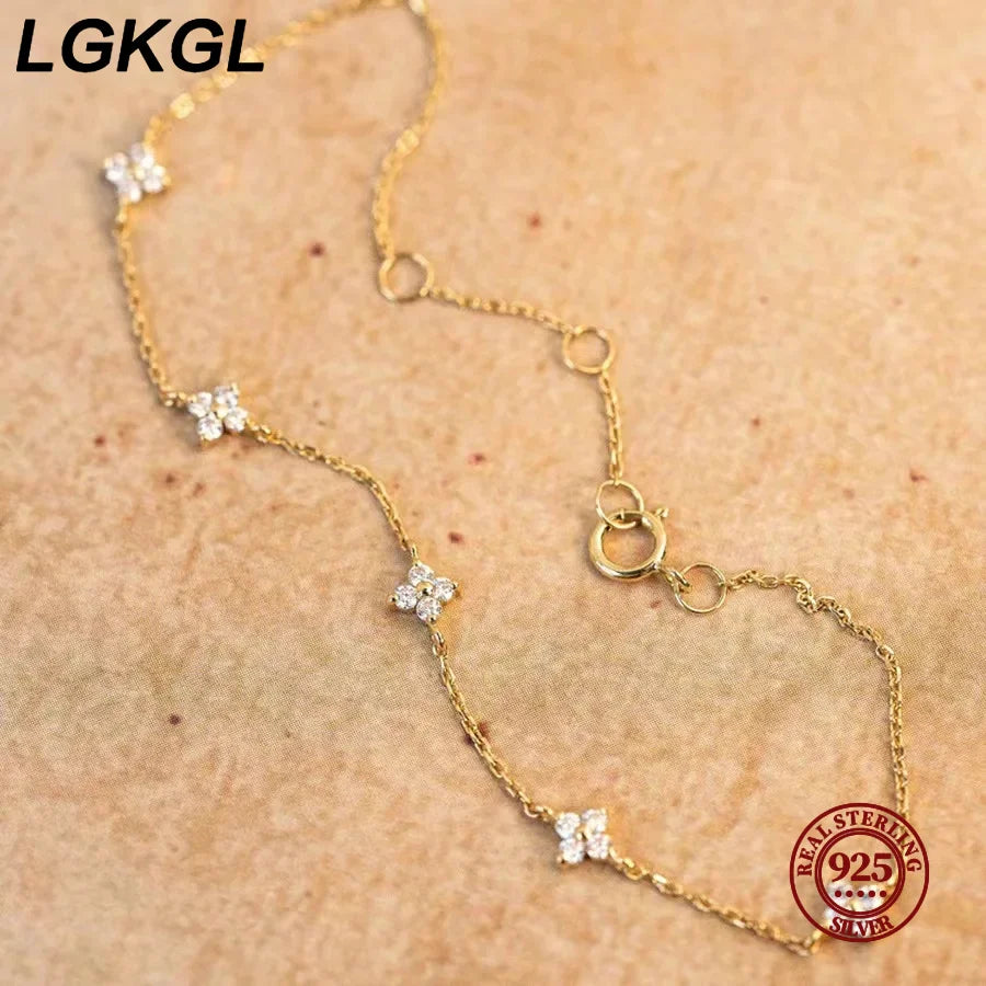 LGKGL 925 Sterling Silver Four-leaf Clover Zircon Starry 18K Gold Bracelets Women's Commuting Adjustable Chains Bracelet Jewelry