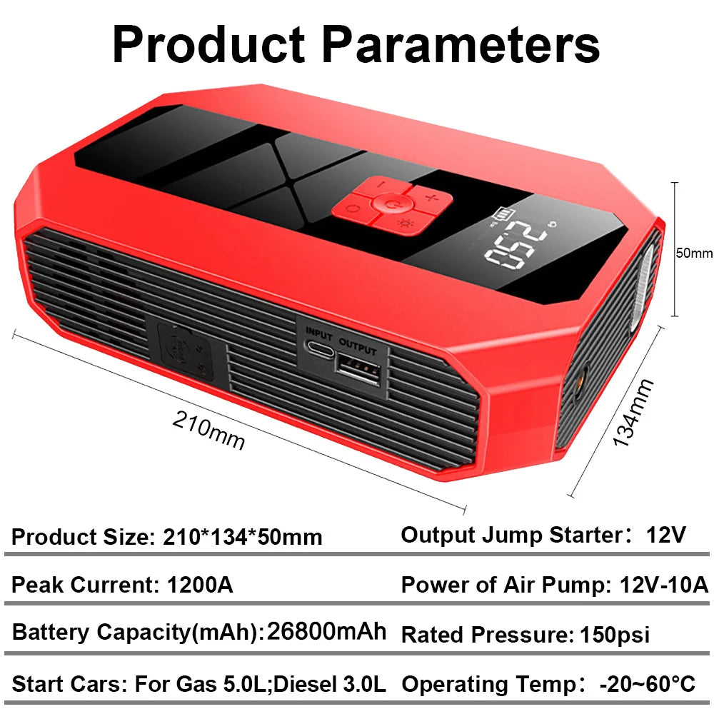 New 1200A 26800mAh Car Jump Starter 4 In 1 Pump Air Compressor Starting Device Power Bank 12V Digital Tire Inflator 150PSI