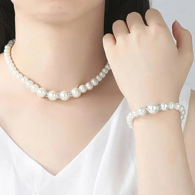 3 PCS Set Imitation Pearl Necklace Bracelet Earring Stud Set Fireball Pearl Beaded Women Luxury Bridal Party Jewelry Set