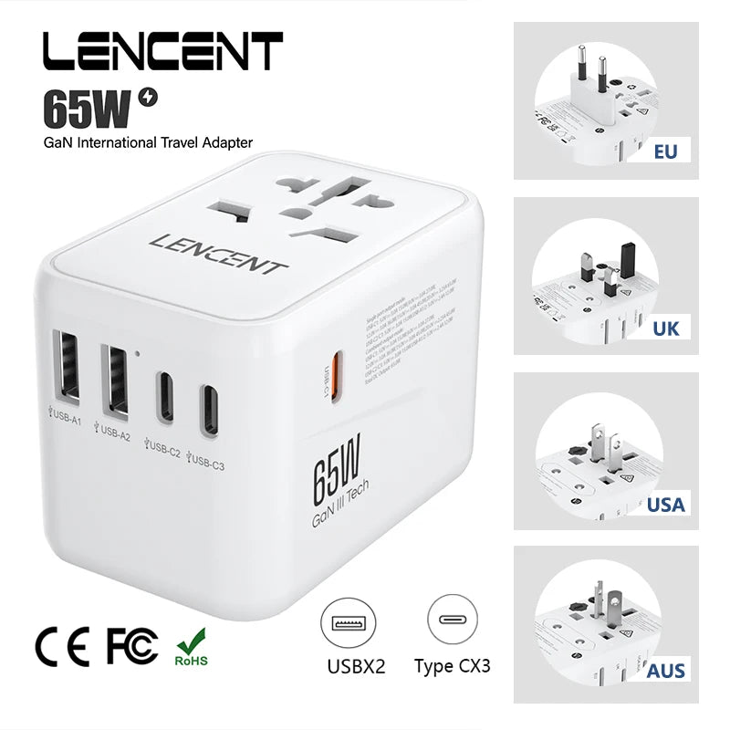 LENCENT 65W GaN 通用旅行适配器，带 2 个 USB 端口 3 型 C 快速充电电源适配器欧盟/英国/美国/澳大利亚插头，适合旅行