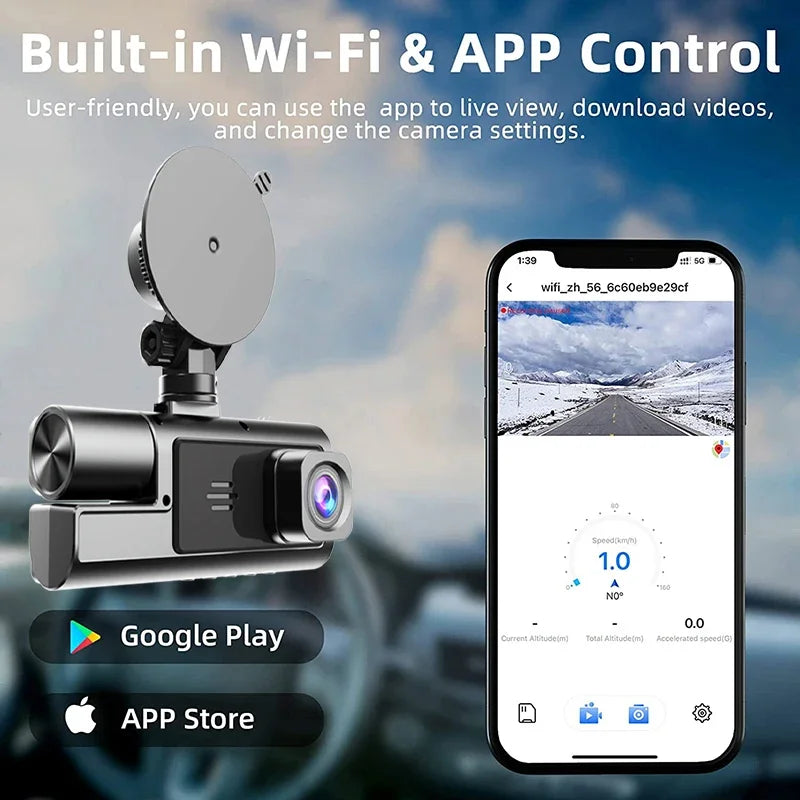 كاميرا الرؤية الخلفية ثلاثية القنوات WiFi Dash Cam مع تسجيل حلقة الرؤية الليلية بالأشعة تحت الحمراء وشاشة IPS مقاس 3 بوصات بدقة 1080 بكسل وكاميرا DVR ثلاثية الكاميرات ملحق للسيارة