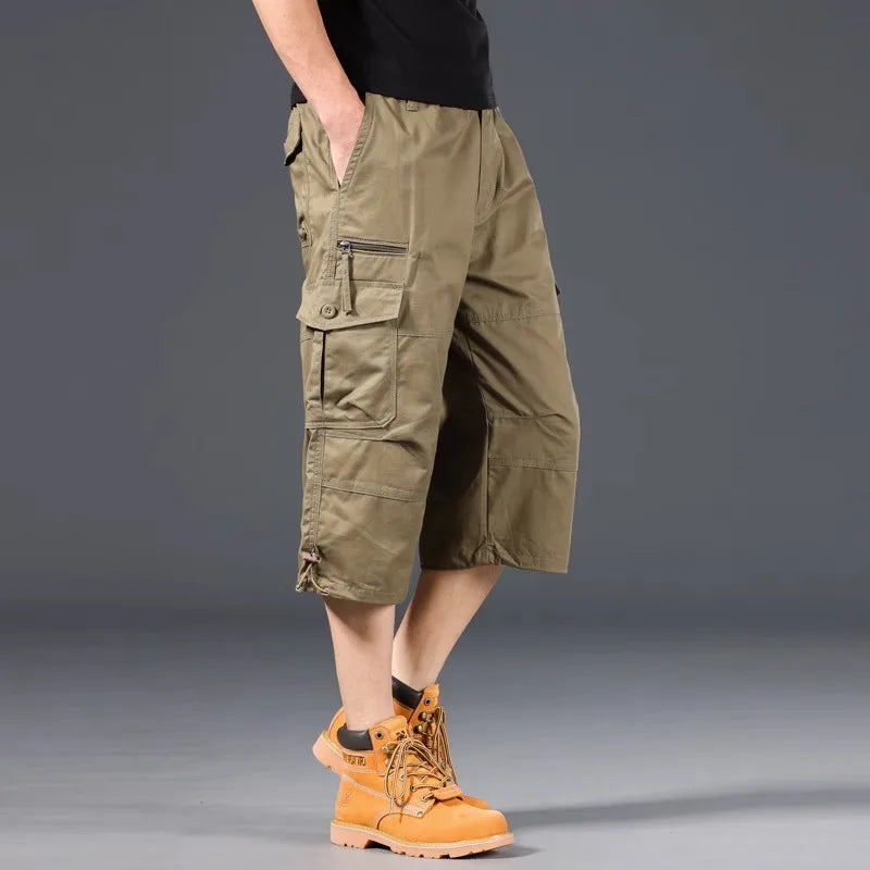 Summer Men's Cargo Shorts Loose Casual Below Knee Pants Elastic Waist Plus Size Outdoor Jogging Tactical Capri Pants