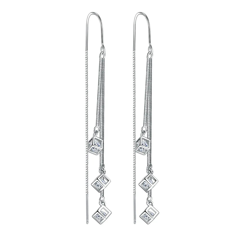 Fanqieliu Real 925 Sterling Silver Square Crystal Long Drop Earrings For Women Trendy Jewelry New FQL22275