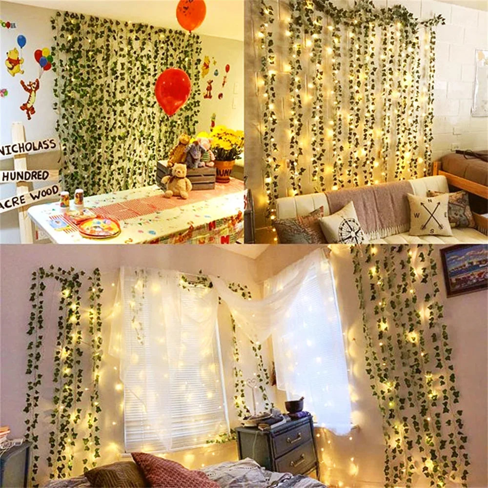 2Meter Green Leaf Ivy Vine with LED Lights String for Home Bedroom Decor Wedding Glowing Artifical Plant Garland Home Decor