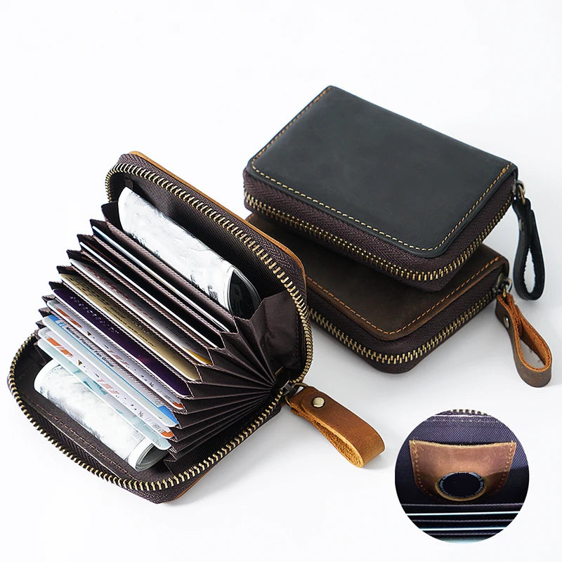 Top Layer Cowhide Airtag Card Bag Retro Genuine Leather RFID Blocking Credit Card Holder Anti-lost Men Women Coin Purse