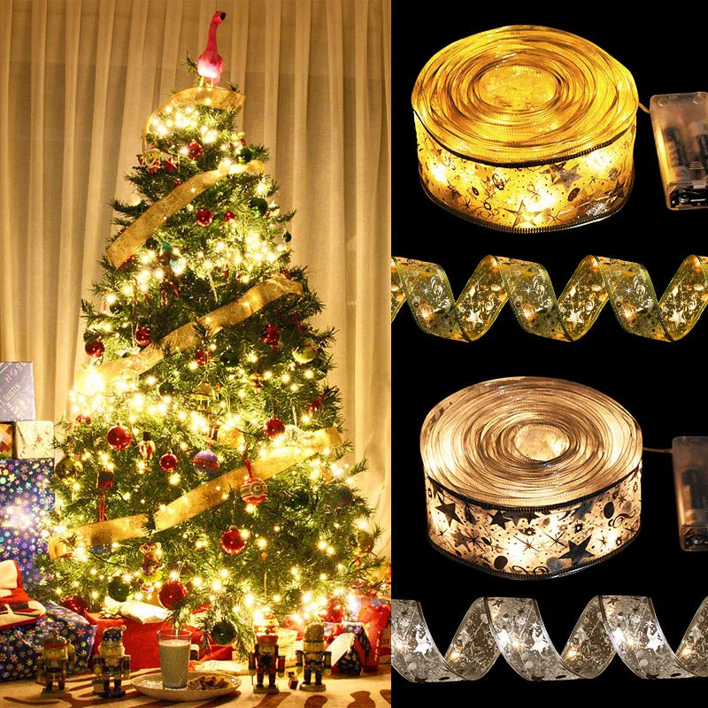 Christmas Decoration LED Ribbon Lights Christmas Tree Ornaments DIY Lace Bows String Light Navidad Home Decoration New Year 2023