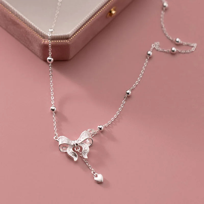 925 Sterling Silver Exquisite Bow Heart Pendant Necklace Beads Chain Luxury Fine Accessories For Women Wedding Party Gifts NK181