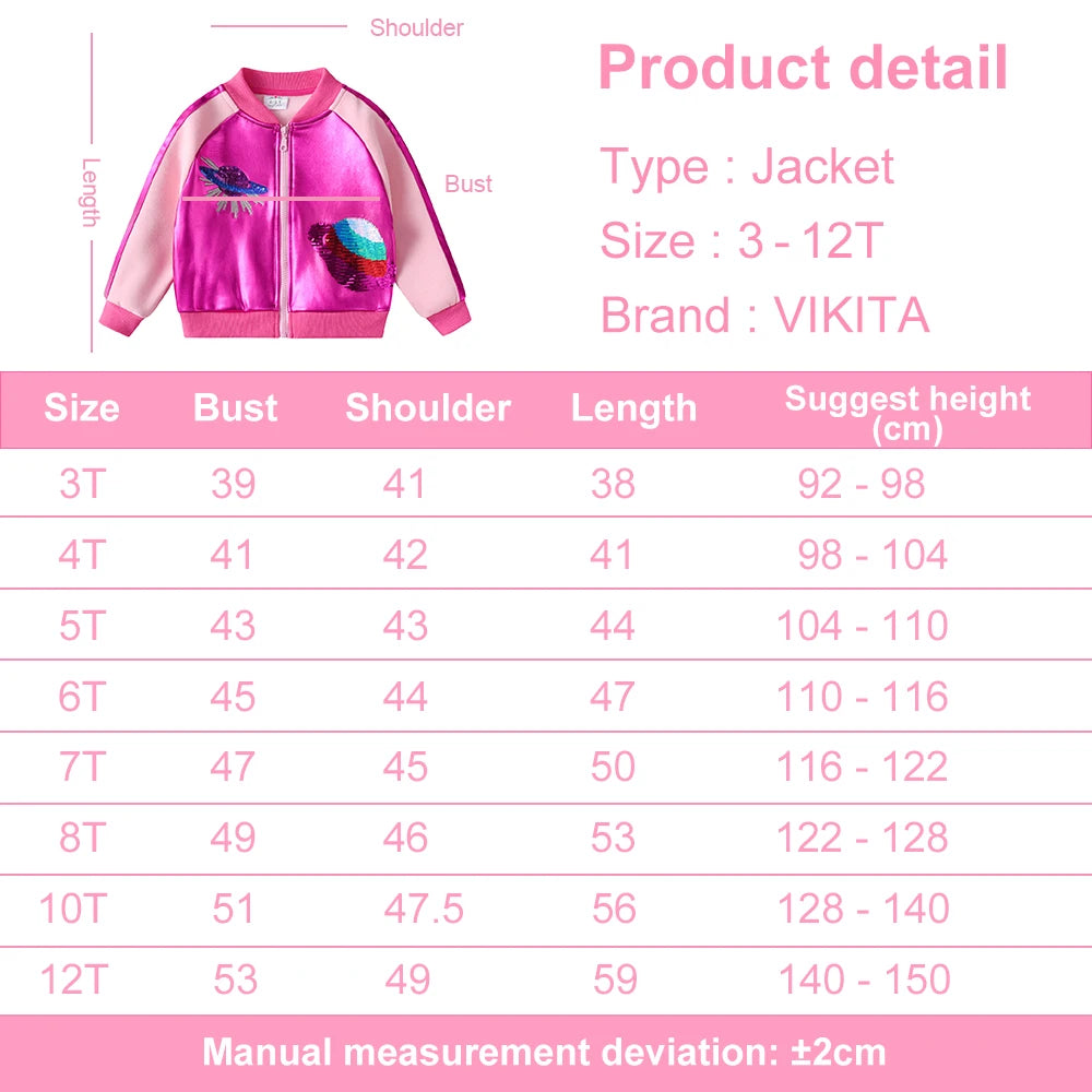 VIKITA Girls Autumn Winter Outerwear and Jackets Kids Cosmos Sequined Appliqued Fashion Casual Zipper Jacket Children Clothes