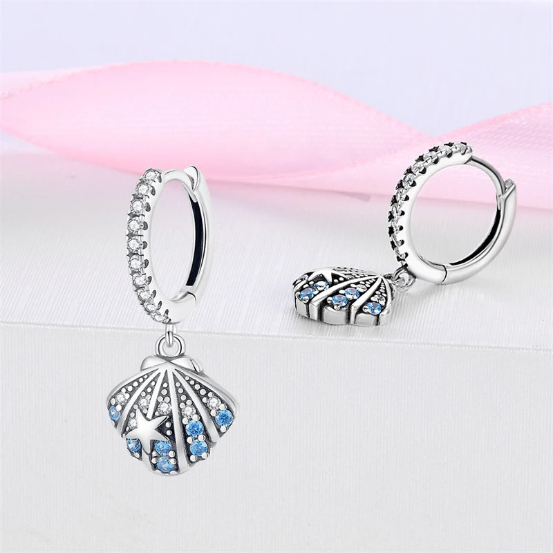 Bulbusbow Luminous Shell Women Earrings Original 925 Sterling Silver Pave CZ Star Moon Hoop Earrings Engagement Wedding Jewelry