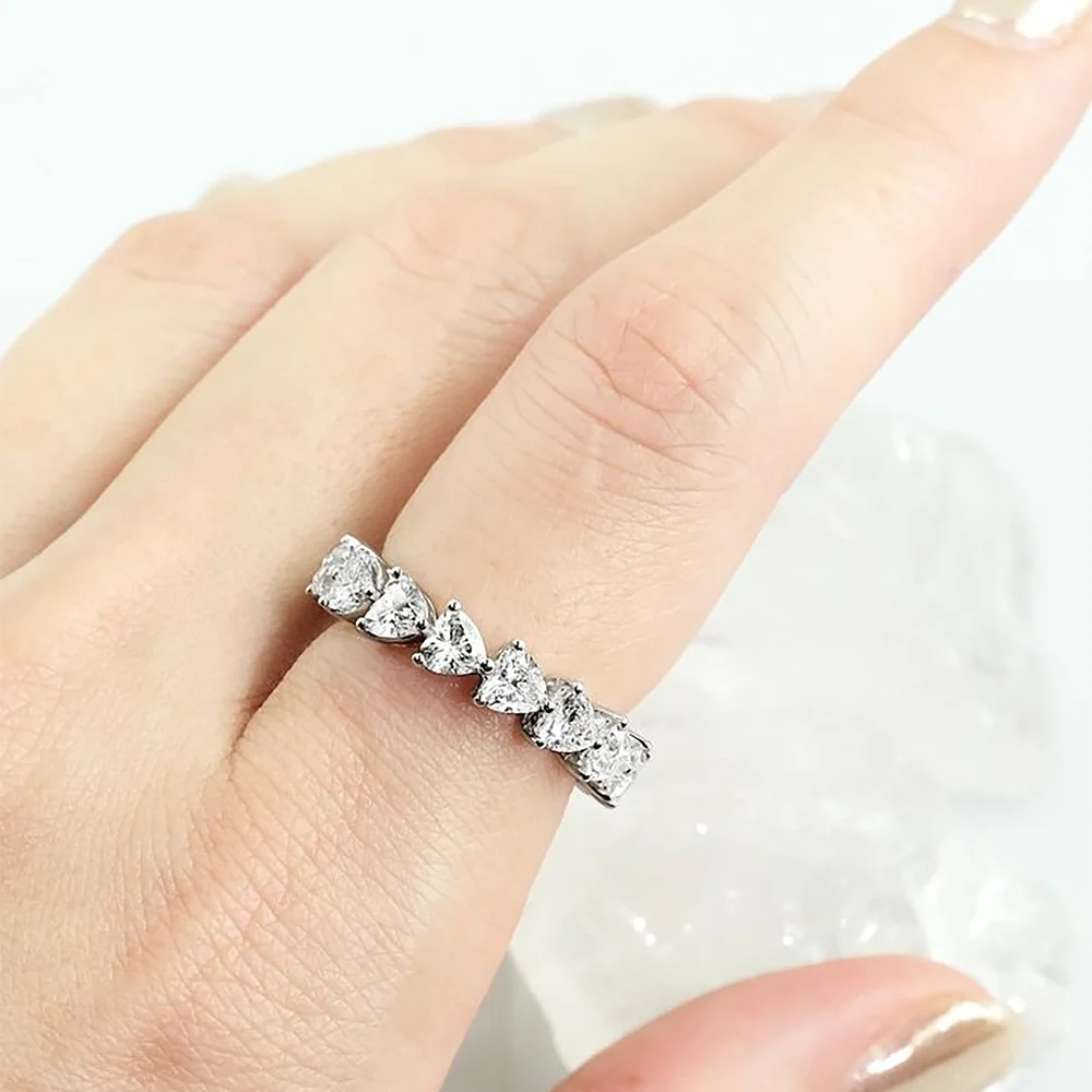 Heart Shaped Full Moissanite Diamond Eternity Ring for women 925 Sterling Silver Wedding Band Promise Engagement Rings with Gra