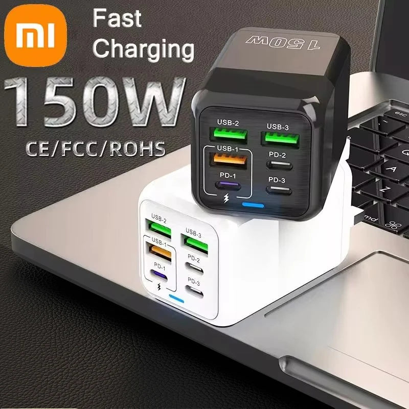 150W Super Quick Charger 6-Port PD QC 3.0 with USB-C Data Cable for iPhone, Samsung, and Xiaomi Devices Bulbusbow