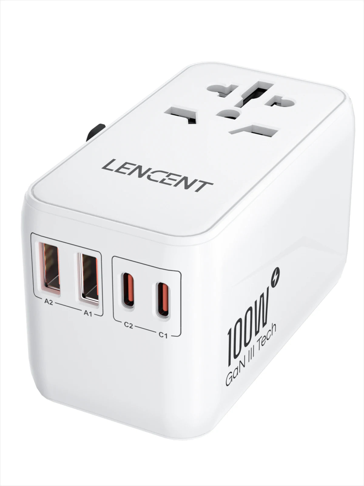 LENCENT 65W/100W GaN 国际旅行适配器，带 2USB 3 型 C GaN 快速充电适配器，带欧盟澳大利亚美国英国插头，适合旅行