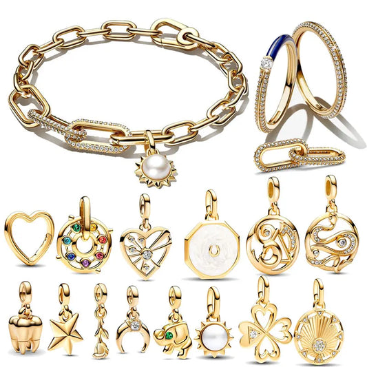 18K Gold Plated 925 Silver Pavé Double Styling Link Heart Four-leaf Clover Dangle Me Charm Fit Me Link Bracelet Jewelry DIY