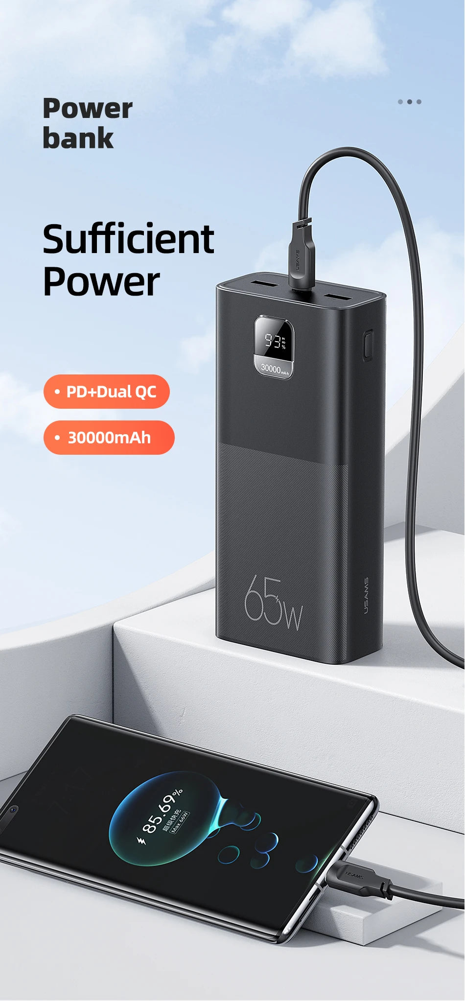 USAMS 65W Power Bank 30000mAh PD Quick Charge SCP FCP Powerbank Portable External Battery Charger For Phone Laptop Tablet Mac