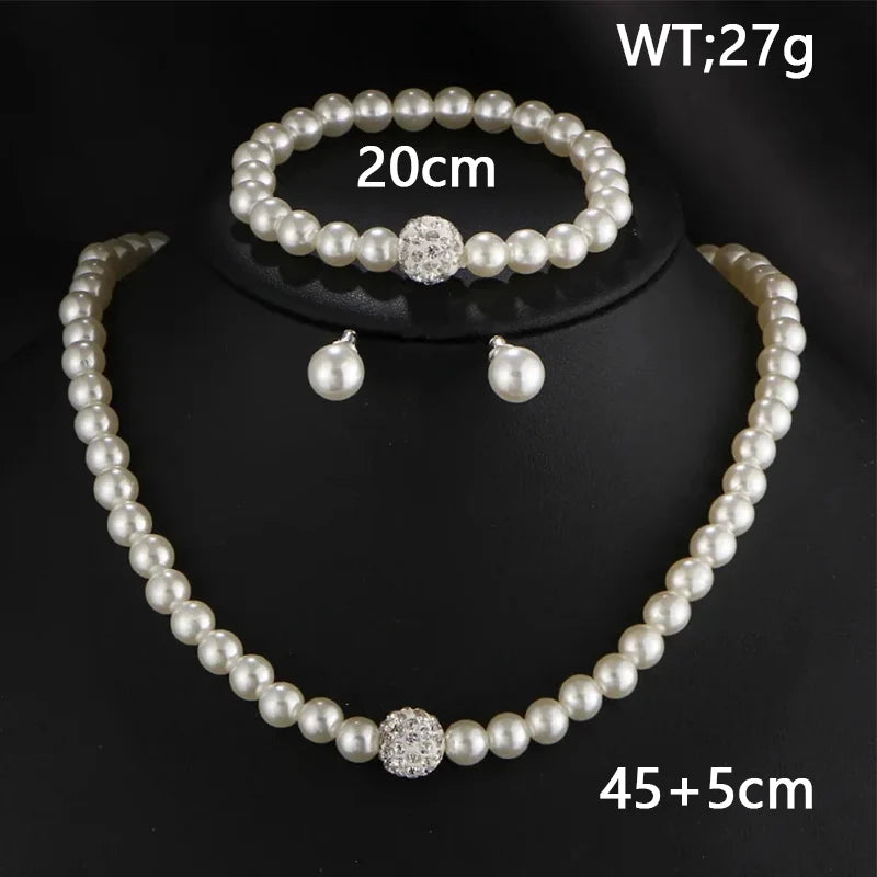 3 PCS Set Imitation Pearl Necklace Bracelet Earring Stud Set Fireball Pearl Beaded Women Luxury Bridal Party Jewelry Set