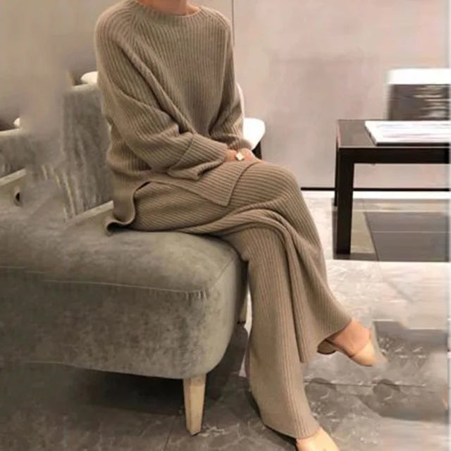 2025 Knitted Sweater Suit for Women | Elegant O-Neck Dress & Wide Leg Pants Set